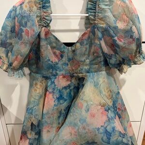 Selkie Floral Puff Sleeve Dress - Blue and Pink
